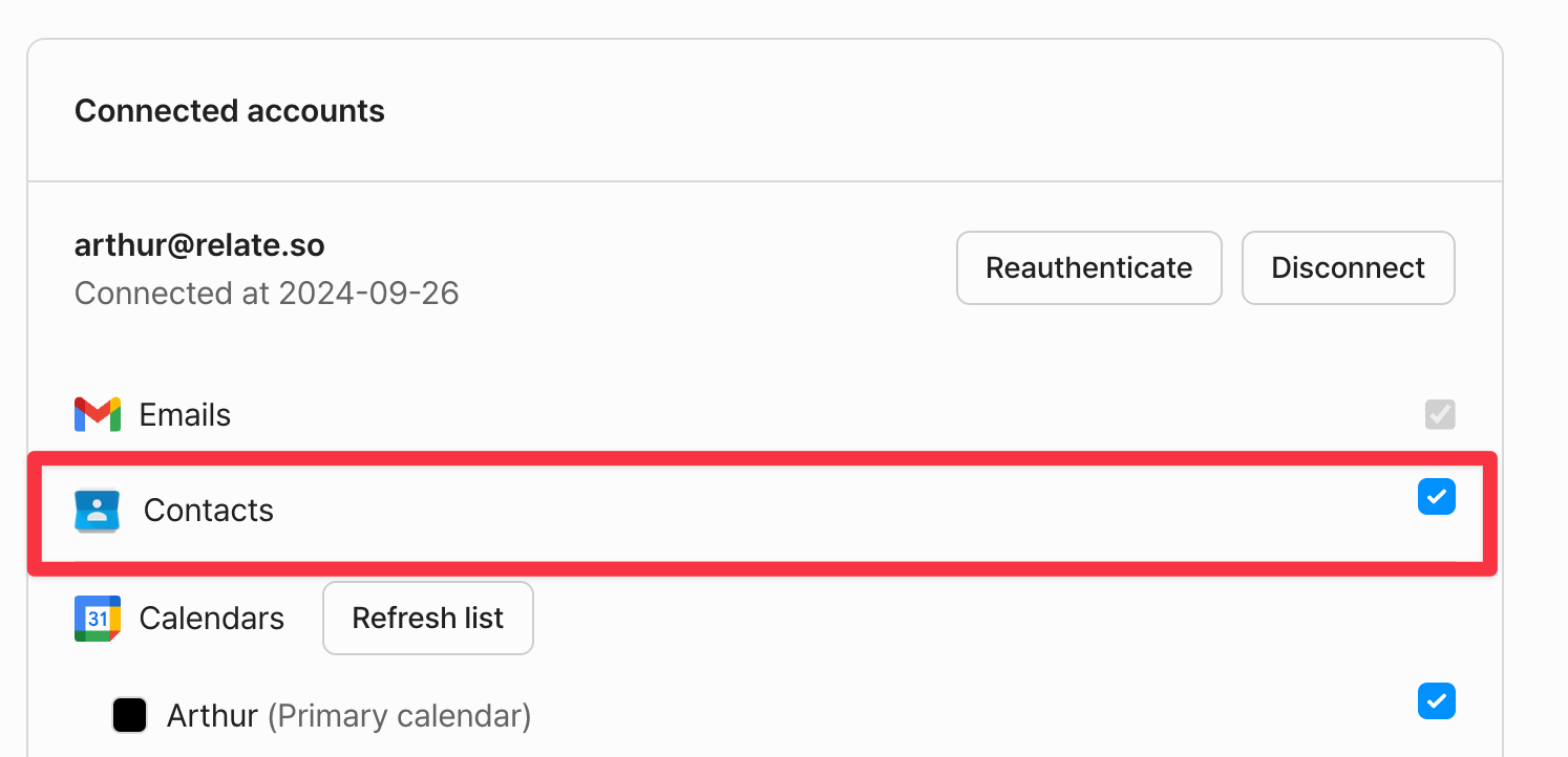 Connected accounts - check the Contacts option